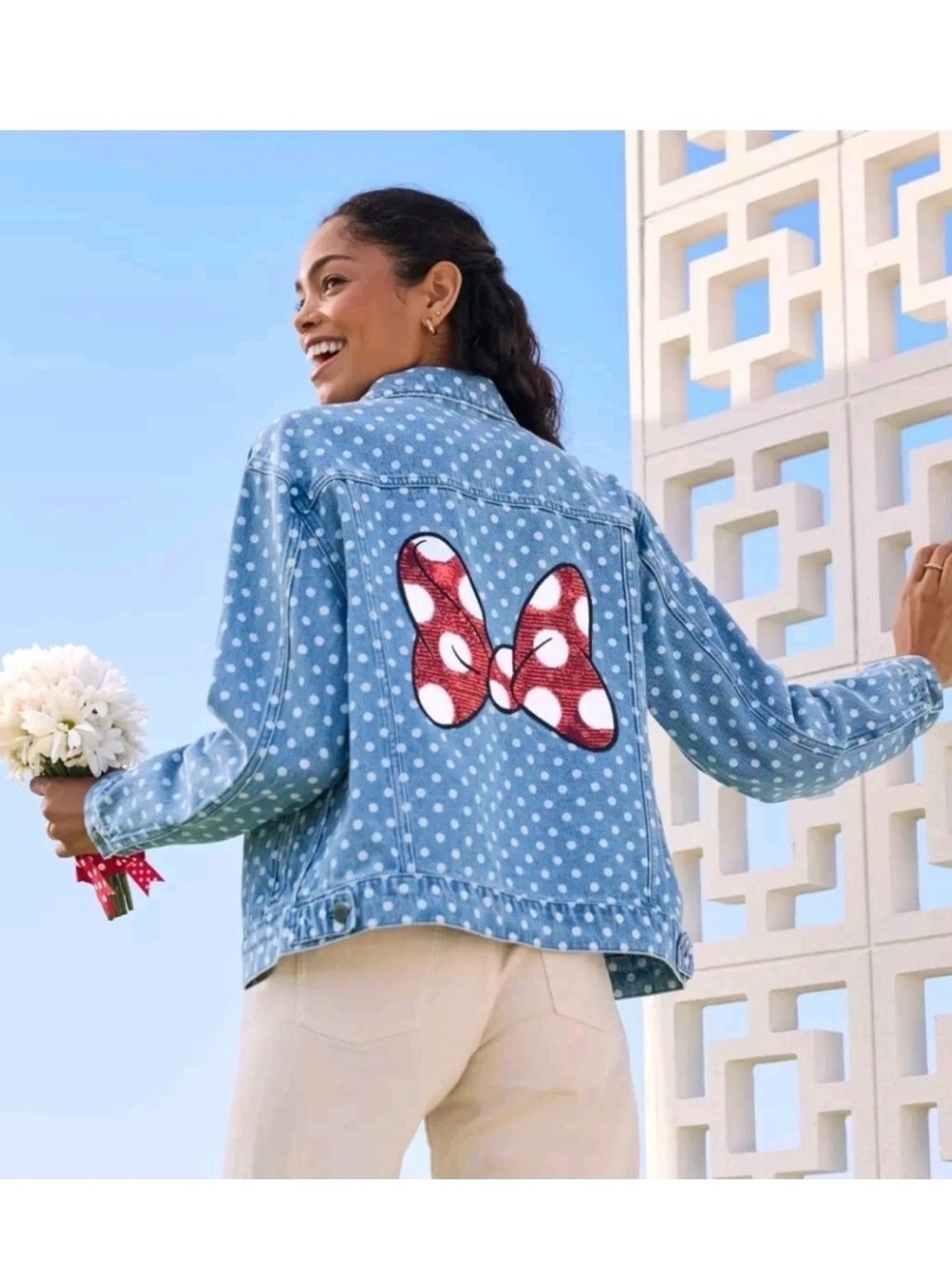 Disney Light Blue Polka Dot Denim Jacket with Red Bow Sequin Patch